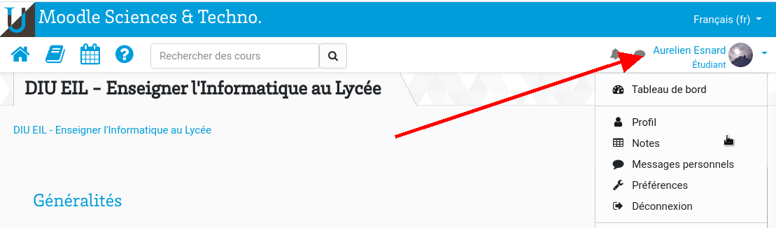 moodle menu clic en haut à droite