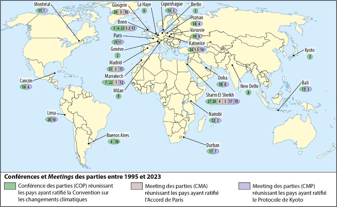 Carte des différents lieux de tenue des conférences et meetings entre 1995 et 2023