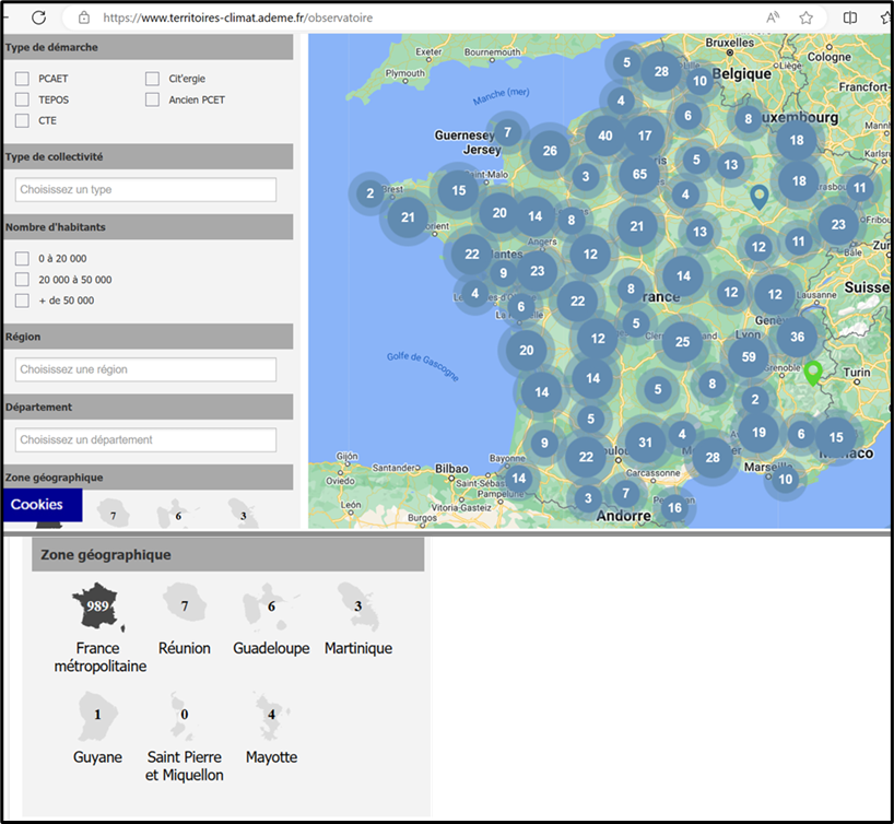 Capture d'écran de la carte interactive des PCAET